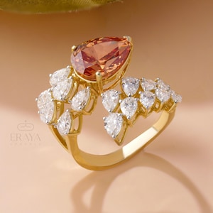 Pear Champagne Stone Ring: Lab Grown Diamond Bypass, Solid Gold