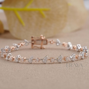 Bracciale tennis con diamanti coltivati in laboratorio a forma di pera: gioielli da sposa in oro rosa, bracciale largo in stile vintage