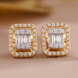 Lab Grown Diamond Cluster Stud Earrings: Round & Emerald Cut  Halo Diamond Studs
