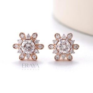 Rose Gold Sunburst Diamond Stud Earrings: Lab Grown Floral Halo Studs