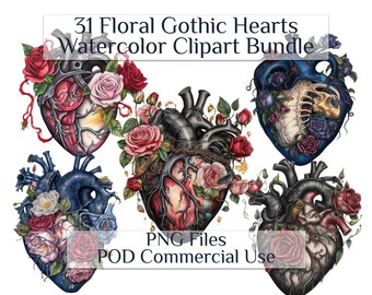 Floral Gothic Heart Watercolor Clipart, Anatomical Clip Art, Halloween Valentine, Witchcraft PNG, Mystical Graphics, POD Commercial Use