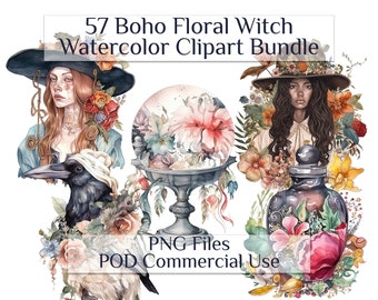 Boho Floral Witch Watercolor Clipart, Magic Clip Art, Mystical Clipart, Witchcraft PNG, Wiccan Graphics, Pagan, POD Commercial Use