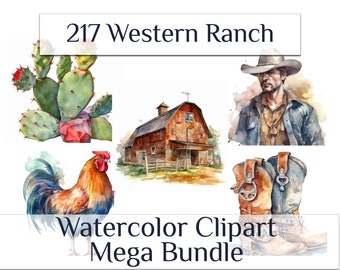 Western Ranch Watercolor Clipart MEGA Bundle, Cowboy PNG Bundle, Wild West PNG Files, Cactus Clipart for Crafts Sublimation, Commercial Use