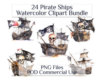 Pirate Ships Watercolor Clipart, Fantasy Sci Fi Clip Art,  Steampunk Decor, Nautical Graphics  PNG POD Commercial Use