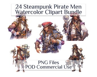 Steampunk Pirate Men Watercolor Clipart, Fantasy Sci Fi Clip Art,  Steampunk Decor, Nautical Graphics  PNG POD Commercial Use