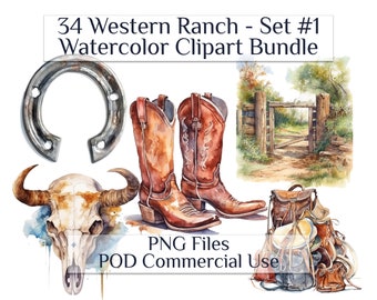 Western Ranch Watercolor Clipart Set 1 , Cowboy Clip Art, Wild West Graphics, Country, Crafts Sublimation PNG, POD Commercial Use