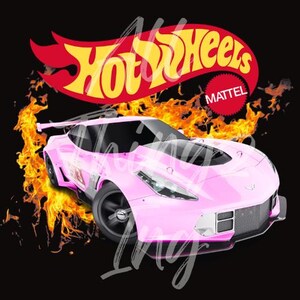 May include: Pink Hot Wheels car graphic with flames on a black background. The Hot Wheels logo is in red and yellow, with the word "Mattel" on a red circle.