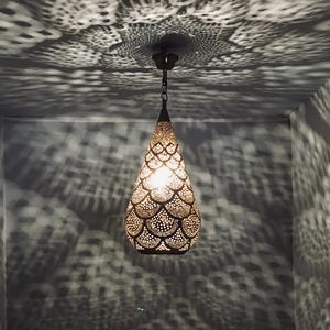 Brass Teardrop Pendant Light – Moroccan Hanging Lamp, Boho Ceiling Lantern, Handmade Brass Lighting, Oriental Light Fixture