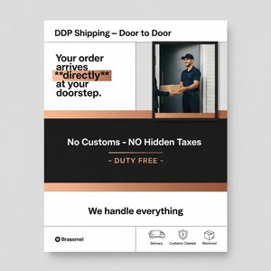 Puede incluir: Gr&aacute;fico promocional con el texto "DDP Shipping - Door to Door" y "Su pedido llega directamente a su puerta". Un repartidor entrega un paquete a un cliente. El gr&aacute;fico tambi&eacute;n indica "Sin aduanas - SIN impuestos ocultos - LIBRE DE IMPUESTOS."