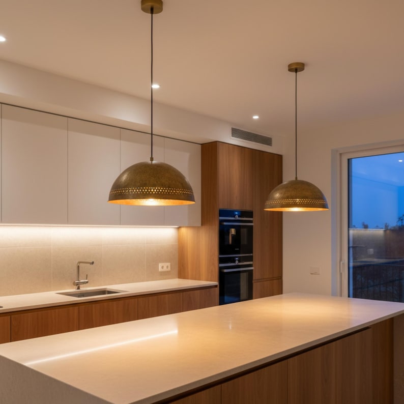 Puede incluir: Dos l&aacute;mparas colgantes de lat&oacute;n cuelgan sobre una isla de cocina. Las l&aacute;mparas tienen forma de c&uacute;pula con un dise&ntilde;o perforado en el borde inferior. La cocina cuenta con gabinetes de madera, una encimera de color claro y un horno empotrado.