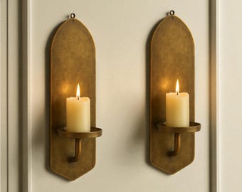 Set of 2 Brass Wall Sconces – Polished Candle Holder Pair, Handmade Moroccan Round Lights, Rustic Boho Antique Style Wall Décor – Duty Free