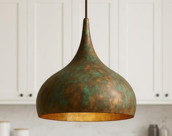 Handgefertigte Marokkanische Kupferkuppel Pendelleuchte - Oxidierte Grüne Patina