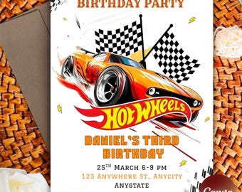 May include: A birthday party invitation featuring a vibrant orange Hot Wheels car speeding across the design. The invitation includes the text "PLEASE JOIN US FOR A BIRTHDAY PARTY" and details for Daniel's third birthday.