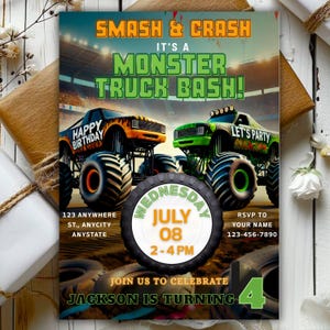 Op de afbeelding: Een kleurrijke uitnodiging voor een verjaardagsfeest met monstertruckthema. Het ontwerp toont twee monstertrucks, een oranje en een groene, met de tekst "Smash & Crash" en "Monster Truck Bash!" De uitnodiging bevat de datum, tijd en RSVP-informatie.