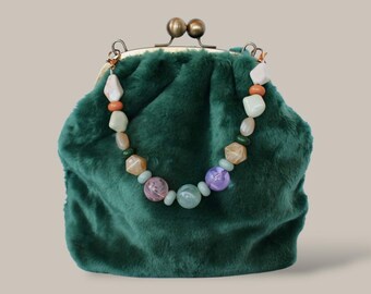 Emerald Green Faux Fur Handbag: Beaded Handle, Vintage Kiss Lock