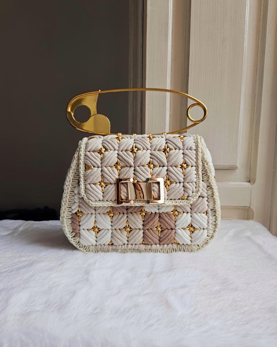 Handmade Crochet Bag: Neutral Tones, Safety Pin Handle, Elegant