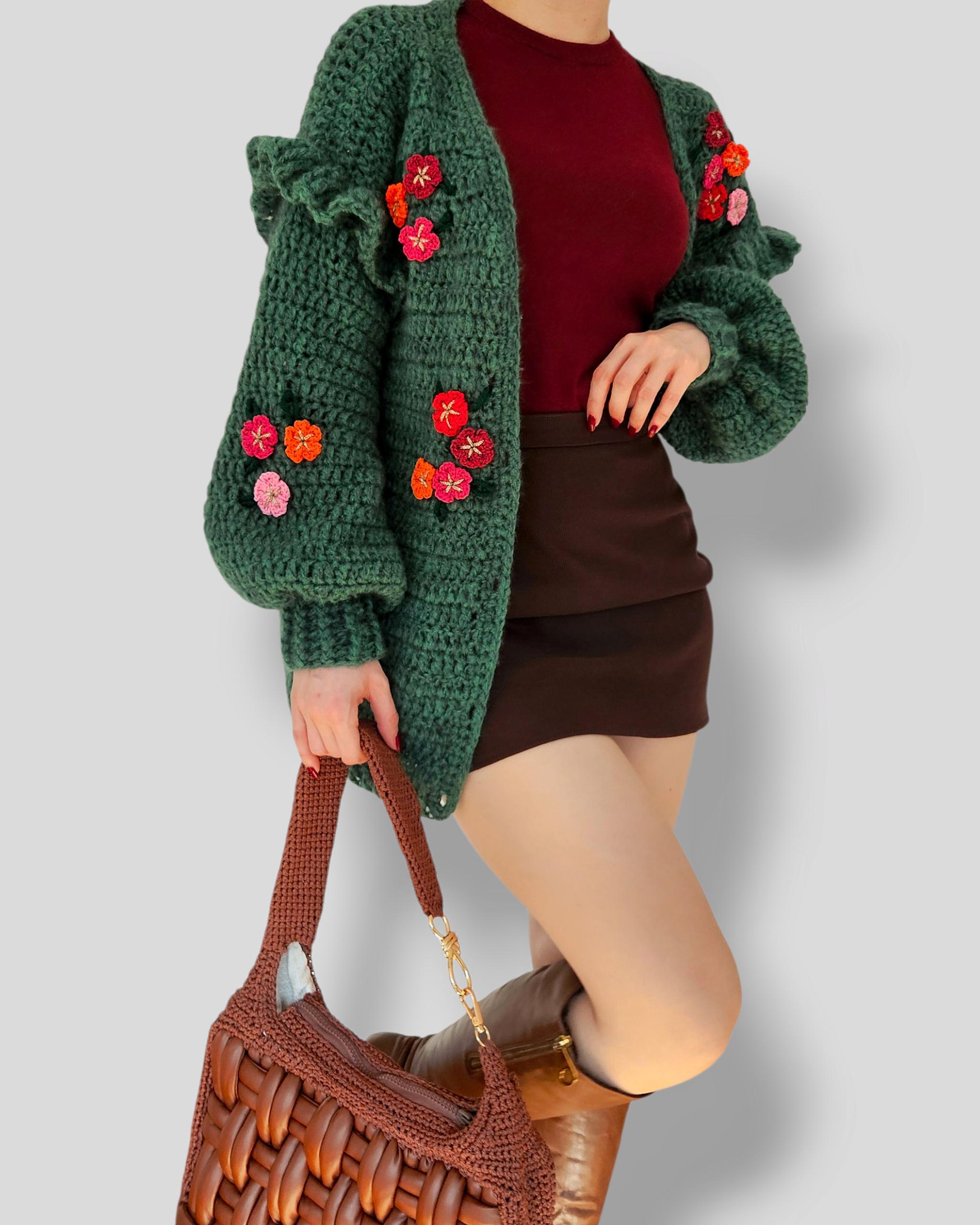 Handmade Crochet Mohair Cardigan: Forest Green Ruffle Knit Sweater