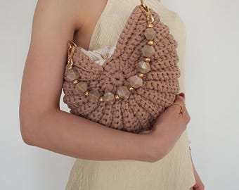 Gehäkelte Muschel Tasche: Cappuccino Sommer Geldbörse mit Perlengriff