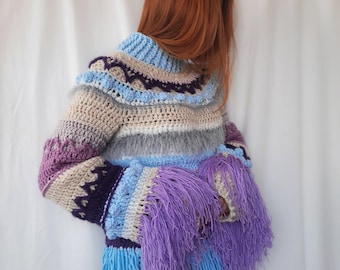 Multicolored Shaggy Jacket With Long Sleeves. Hand Knitted Bomber