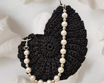 Crochet Seashell Bag: Black Shimmer Clutch with Pearl Handle