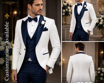 SPEDIZIONE GRATUITA / Smoking da uomo bianco e blu navy / Abito da sposo a 3 pezzi / Smoking da sposo / Abito formale slim fit / Smoking su misura