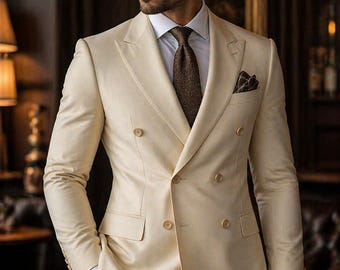 Traje cruzado color crema para hombre • Traje de novio de corte ajustado para boda • Traje formal para hombre para graduación • Traje de lujo para hombre hecho a medida