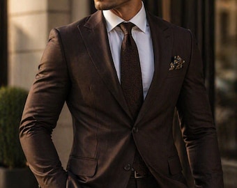Traje marrón oscuro para hombre • Traje de negocios de 2 piezas de corte ajustado • Traje de novio para boda • Traje formal de oficina • Hecho a medida