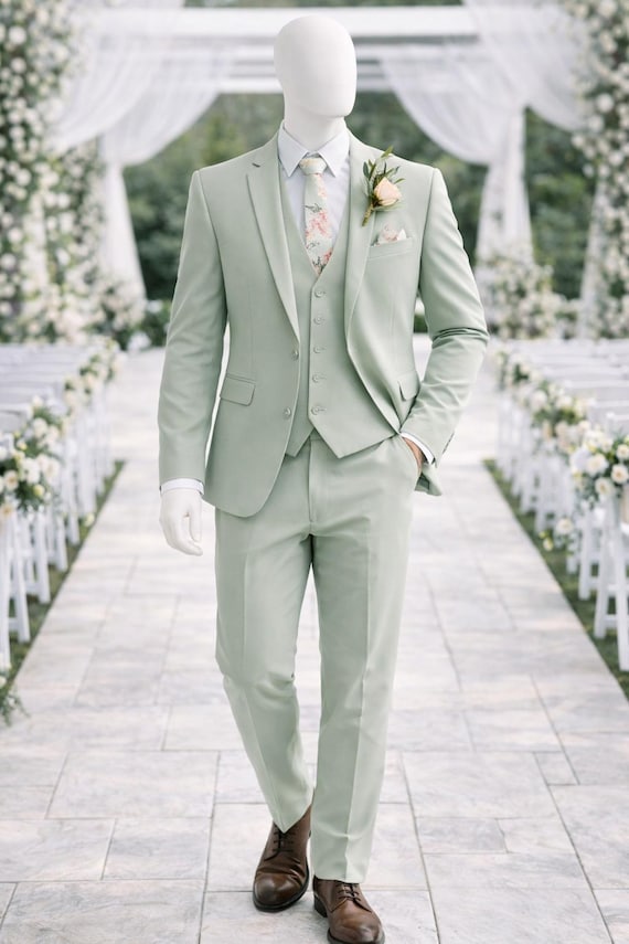 light green dress for men Handmade Sage 3-Piece Suit * Slim Fit Wedding Groom Attire BOGO50TopsJuly24