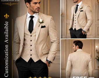 SPEDIZIONE GRATUITA / Abito da uomo beige a 3 pezzi / Abito da sposo / Smoking slim fit / Abito con pantaloni neri / Abito formale su misura