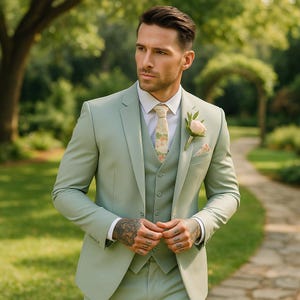 Sage Green 3 Piece Suit for Men | Notch Lapel Business & Formal Wear | Premium Tailored Outfit