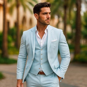Sky Blue Three Piece Suit Men | Slim Fit Wedding Formal Outfit | Tailored Suit
