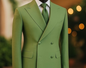 Terno masculino verde de duas peças com abotoamento duplo | Traje formal para baile de formatura, casamento e eventos | Roupa elegante para ocasiões especiais