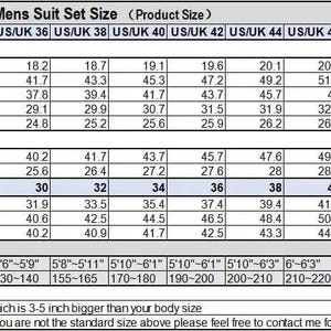 Pode incluir: Tabela de tamanhos detalhada para conjuntos de ternos masculinos, com medidas em polegadas. A tabela inclui tamanhos de casaco, colete e cal&ccedil;as de US/UK 32 a 50, com informa&ccedil;&otilde;es de altura e peso. Inclui diagramas.