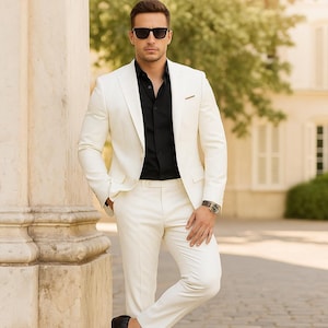 white double breasted suit men | custom cream tuxedo | luxury groom wedding prom attire