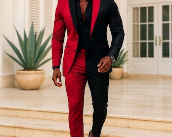 Bespoke Black & Dark Red Suit | Slim Fit Formal Wear | Wedding, Prom | Custom Made Suits