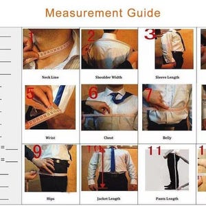 May include: Clothing measurement guide showing how to measure neckline, shoulder width, sleeve length, armhole, wrist, chest, belly, waist, hips, cloth length, trousers length, thigh circumference, height, and weight.