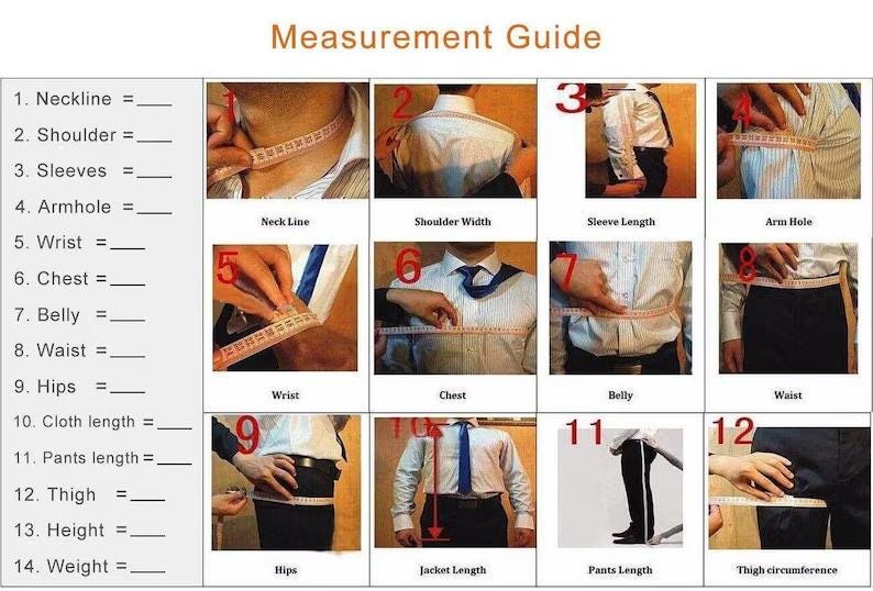 May include: Clothing measurement guide showing how to measure neckline, shoulder width, sleeve length, armhole, wrist, chest, belly, waist, hips, cloth length, trousers length, thigh circumference, height, and weight.