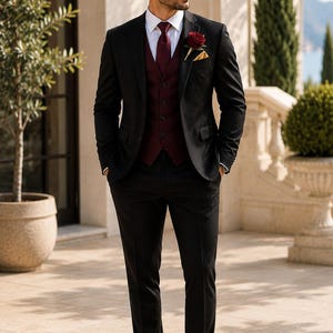 black suit with burgundy dress Burgundy Wedding Suits: Style Inspiration for Grooms
