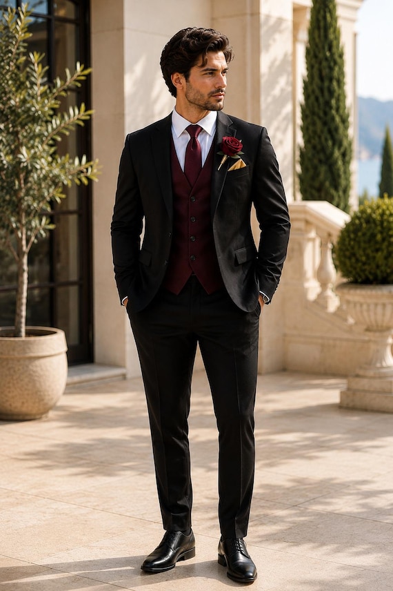 Black Wedding Suit Men Burgundy Vest Custom Tailored 3 Piece Formal Wear