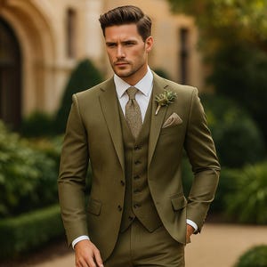 Khaki Green Three Piece Suit Men | Slim Fit Wedding Formal Business Outfit
