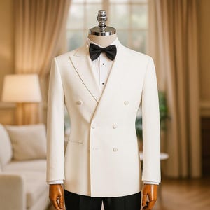 Off White Double Breasted Tuxedo Men | Slim Fit Groom Wedding Suit | Peak Lapel Formal