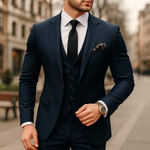 Men&#39;s Custom Made to Measure Suit | Navy Blue 3 Piece Suit Men | Slim Fit Wedding Business Formal Outfit