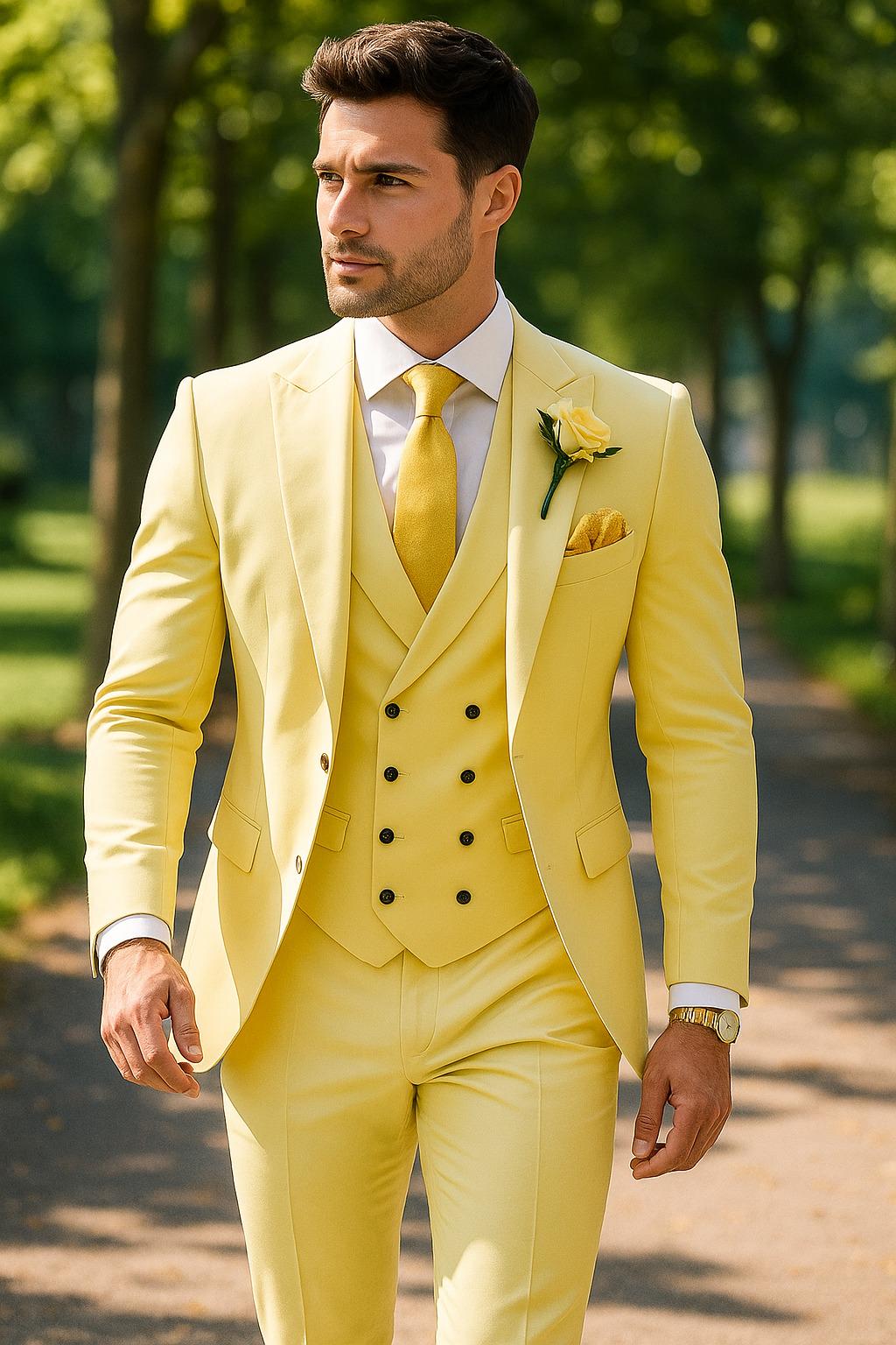 イエローのスーパースリムフィット3ピーススーツ：モダンな
