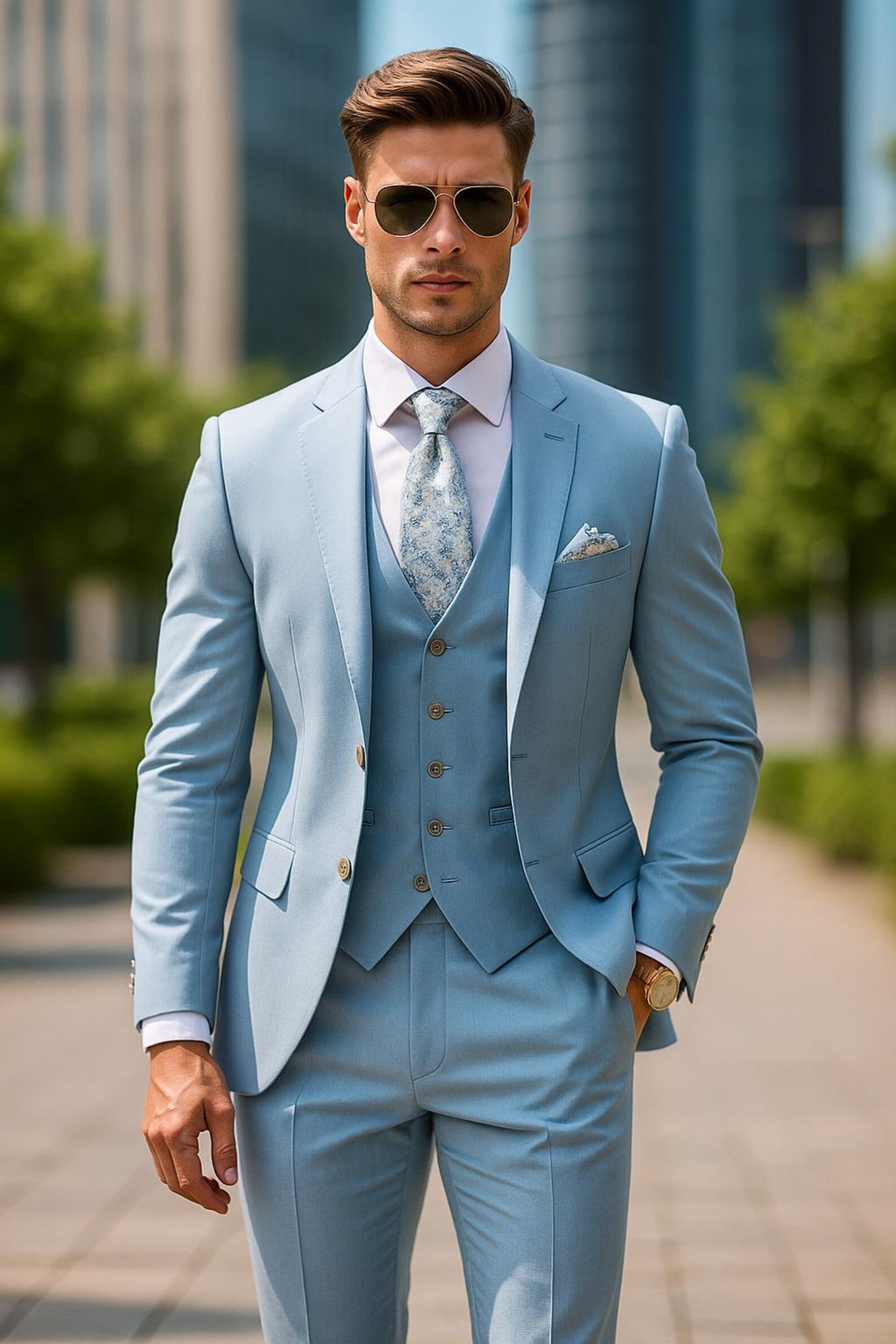 Elegant White & Ice Blue Printed Suit (3-Piece) main image 0