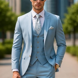 Icy Blue 3 Piece Suit for Men | Tailored Fit Elegant Formal Wear | Premium Wedding & Event Outfit