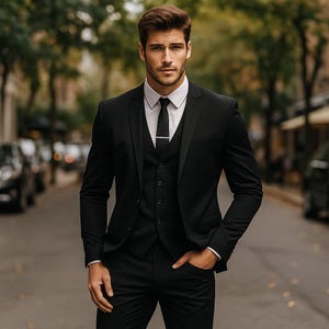 Black Three Piece Suit Men | Slim Fit Formal Wedding Tuxedo | Notch Lapel Suit