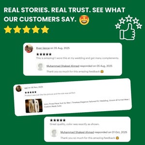 May include: A green background with white text that reads "REAL STORIES. REAL TRUST. SEE WHAT OUR CUSTOMERS SAY." Customer reviews are displayed with star ratings and comments about a suit.