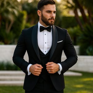 Black 3 Piece Shawl Lapel Tuxedo Suit for Men | Slim Fit Wedding & Prom Groom Outfit | Formal Event Wear