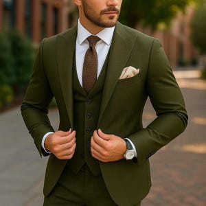 Olive Green 3 Piece Men’s Suit | Slim Fit Wedding Groom Outfit | Formal Party & Event Wear