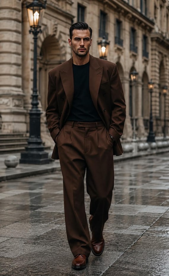 Oversized Chocolate Brown Double Breasted Suit * Relaxed Fit Tailored Trousers, Coat